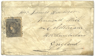 Document, Envelope used for letter to Mr James Henderson, Learmouth Mill, Coldstream, Northumberland, England. 1861