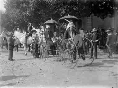 Photograph, Tricycles in street parade Main Street Bacchus Marsh ca 1900s