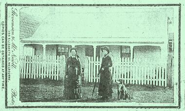 Photograph, Two unidentified women in front of a cottage Bacchus Marsh district 1883