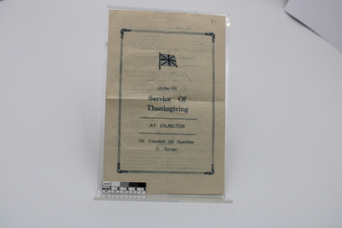 Document - Order of Service, Order of Service of Thanksgiving at Charlton on cessation of hostilities in Europe, End of WW1 1918