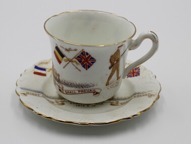 Decorative object - Patriotic porcelain cup and saucer set, WW1 patriotic cup and saucer set