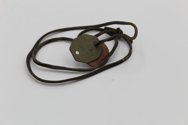 Equipment - WW2 Leather identity tags, Leather identity tags on leather neck strap