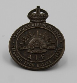 Medal - WW1 returned from active Service medallion, Medallion issued by Dept of Defence WW1 returned soldiers