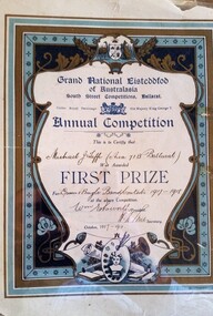 Certificate - Award Certificate, South Street Competitions Ballarat First Prize certificate, 1918
