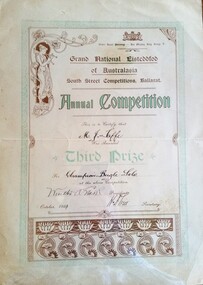 Work on paper - Award Certificate, Grand National Eistedfodd of Australia Third Prize certificate, 1919