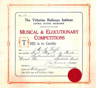 Award Certificate, Victorian Railways Institute award