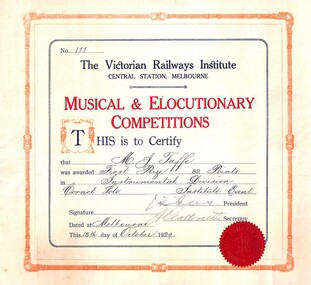 Work on paper - Award Certificate, Victorian Railways Institute award, 1924