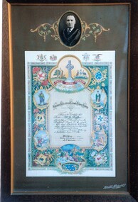 Work on paper - Mounted & Framed Lithograph certificate, Hibernian certificate and photograph