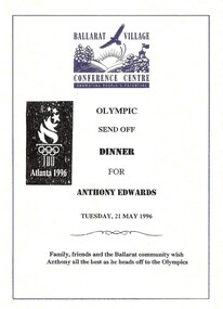 Work on paper - Dinner Menu, Olympic send-off dinner for Anthony Edwards 1996