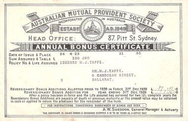 Certificate, Australian Mutual Provident Society Annual Bonus Certificate