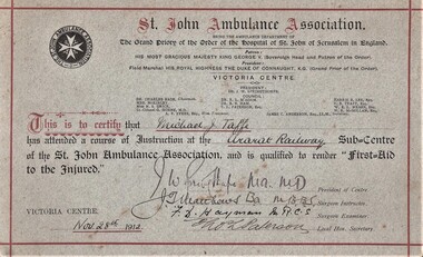 Certificate, St John's Ambulance Association 1st Aid Certificate