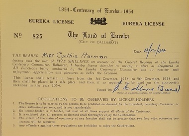 Certificate - Ticket, Centenary of Eureka License