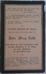 Work on paper - Memorial card, Julia Taffe Memorial Card