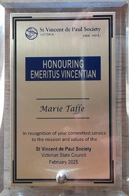 Plaque - Testamonial, Emeritus Vincentian Marie Taffe