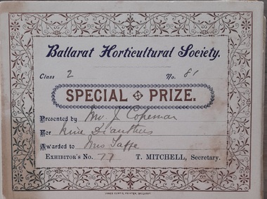 Work on paper - Award Card, Ballarat Horticultural Society Special Prize