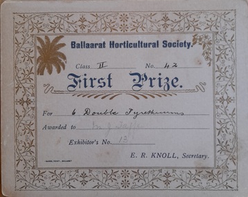 Work on paper - Award certificate, Ballarat Horticultural Society First Prize