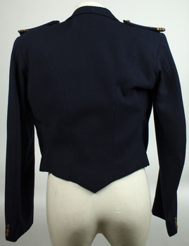 Long sleeve, waist length, navy blue wool jacket. Pointed shaped at bottom. Epaulets on shoulders.