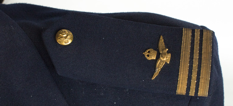Navy blue epaulets with single gold button one end and crown, bird and three gold stripes the other.