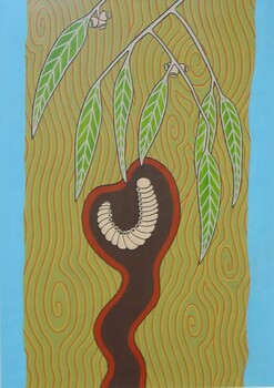 Painting of a Djerri grub underground surrounded by earth with gum leaves at the top of the image