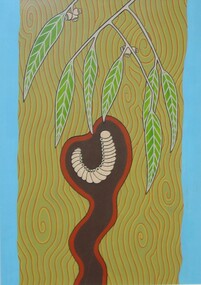 Painting of a Djerri grub underground surrounded by earth with gum leaves at the top of the image