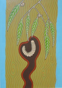 Painting of a Djerri grub underground surrounded by earth with gum leaves at the top of the image