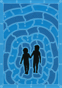 Silhouette painting of two children holding hands surrounded by vibrant blue textured with white lines and light blue circles