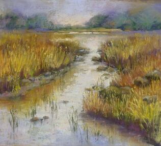 Painting of a still creek banked by yellow reeds