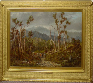 Painting of a large forest area that has been logged and colonial settlers travelling a road on foot through the trees in the mid ground