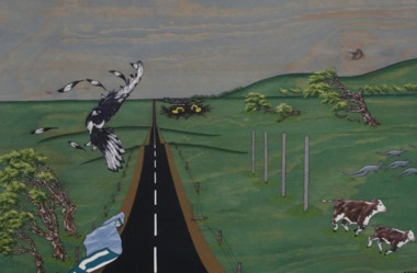 Painting of a windy landscape. A road runs vertical through the canvas just off centre to the left of the canvas. On the left side of the road, a magpie rolls in the sky with some feathers blowing off in the wind. Also three trees bend in the wind and a sign bends and folds with the wind. On the right side of the road, rows of tress bend, two cows and four kangaroos run towards the right of the canvas. Two yellow diggers in the mid ground dig earth. Rolling hills and sky with pink tinged clouds in the background.