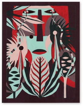 Geometric/abstract painting of a face surrounded by Banskia flowers and cockatoos