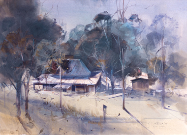 Painting of a farm house in a rural area with trees surrounding it. Colour palette is blues, greys, purples and cream.