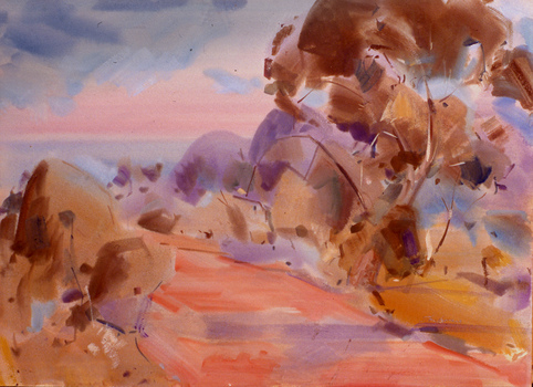 Abstract painting of a red dirt road with trees either side. Sky and clouds in the background.