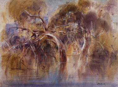 Painting of a large trees partially submerged in a swamp. The trees bow and bend, dropping their leaves and branches into the water.