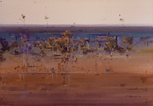 Abstract landscape painting of plains with trees. Tones of brown, blue and purple.
