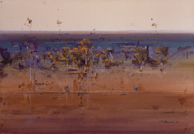 Abstract landscape painting of plains with trees. Tones of brown, blue and purple.