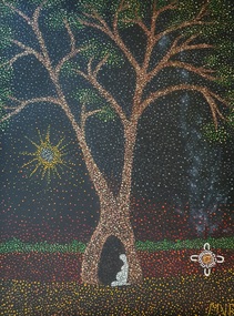 Aboriginal dot style painting of a female figure sitting in the base of a birthing tree with a campfire.