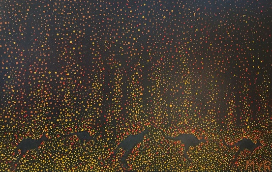  An  Aboriginal dot style painting of kangaroos hopping through burning bushland.
