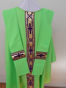 Ceremonial object - Ecclesiastical clothing, Chasuble and matching stole. Lime green synthetic material with gold and purple braid sewn perpendicularly down front and back