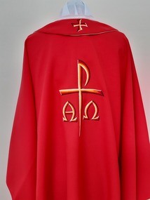 Ceremonial object - Ecclesiastical clothing, CHASUBLE and matching STOLE Red synthetic fabric. Symbols ( Alpha , Omega and Staurogram)  machine embroidered  in yellow, orange, red and black on front and back