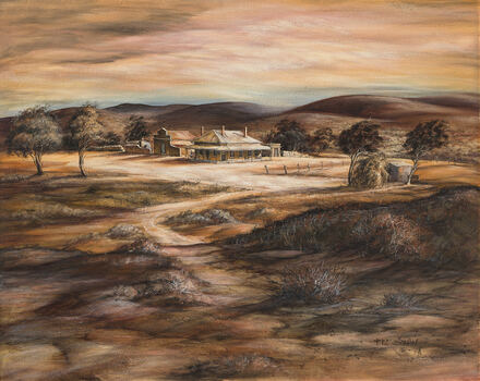 painting of what looks like a dry brown landscape with a house in the middle, mountains in the background and a few trees dotted around the landscape.
