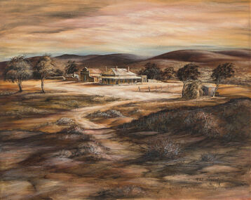 painting of what looks like a dry brown landscape with a house in the middle, mountains in the background and a few trees dotted around the landscape.