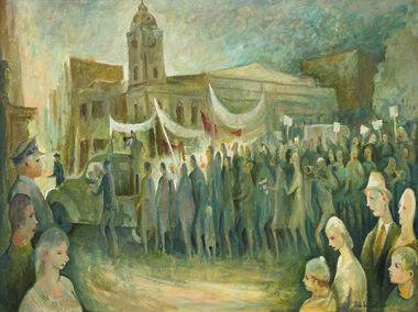 Painting, Bill Coleman, 'Dissidents (Demonstration Outside Town Hall)', c.1970
