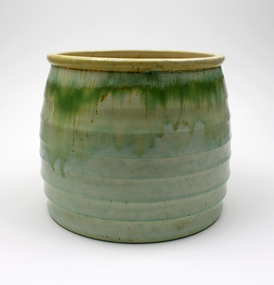 Ceramic - Premier Pottery, Premier Pottery, Earthenware 'Remued' barrel-shaped jardinaire, pale green / beige / pale blue, 1941-1955