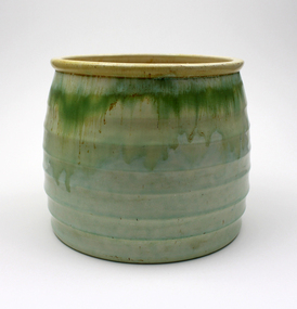 Ceramic, Premier Pottery, Earthenware 'Remued' barrel-shaped jardinaire, pale green / beige / pale blue, 1941-1955