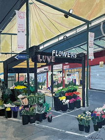 A painting of the flower stall at Preston Market. It's in the middle of a walkway, and there are different types of flowers on show. The entryway to the stall reads 'Love' and 'Flowers'.