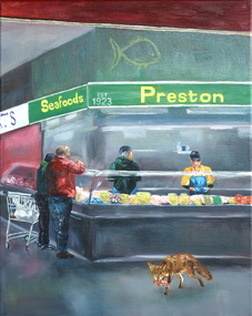 A painting depicting a seafood stall at Preston markets. There's a fox in the foreground eating a fish and two people ordering from two workers over the fish counter. 