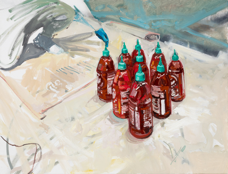 A painting of a person wearing a white hazmat protective suit and blue gloves looking through bottles of sriracha on the ground.