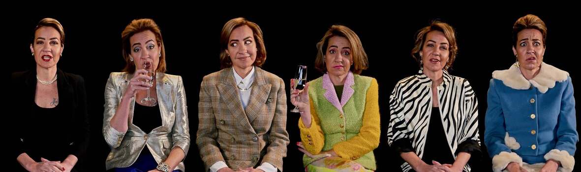 a video still showing the artist styled as six different women in jackets and blazers. Two of them are holding champagne flutes and three are captured mid-speech. 