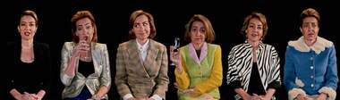 a video still showing the artist styled as six different women in jackets and blazers. Two of them are holding champagne flutes and three are captured mid-speech. 