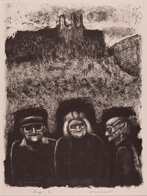 Artwork, other - Three Villagers and Chateau d'Opoul 1981 - 'Images of Opoul Series" No 1, Noel Counihan